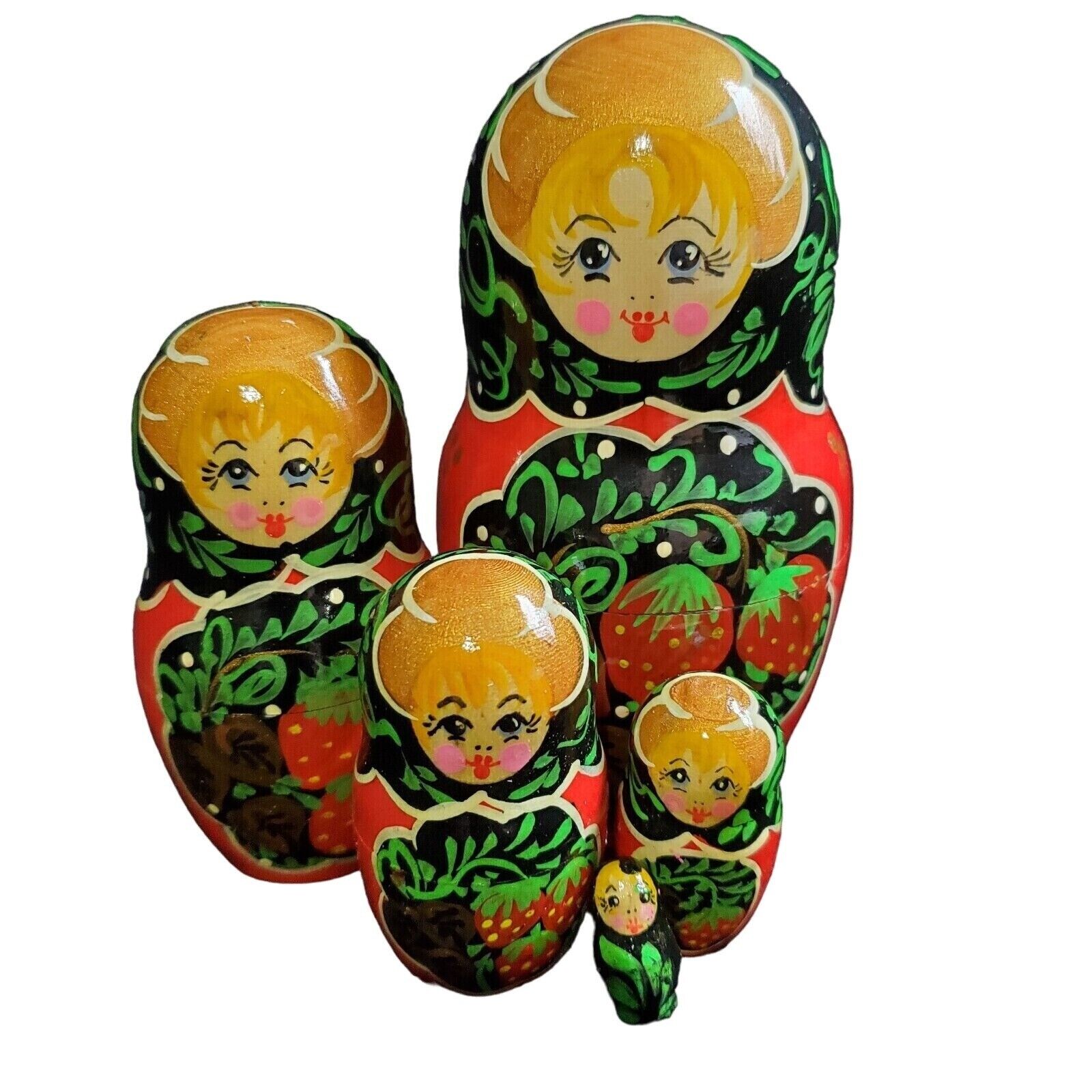 Traditional Russian Nesting Doll Strawberry Carved Hand Painted 5 pcs 5 inches