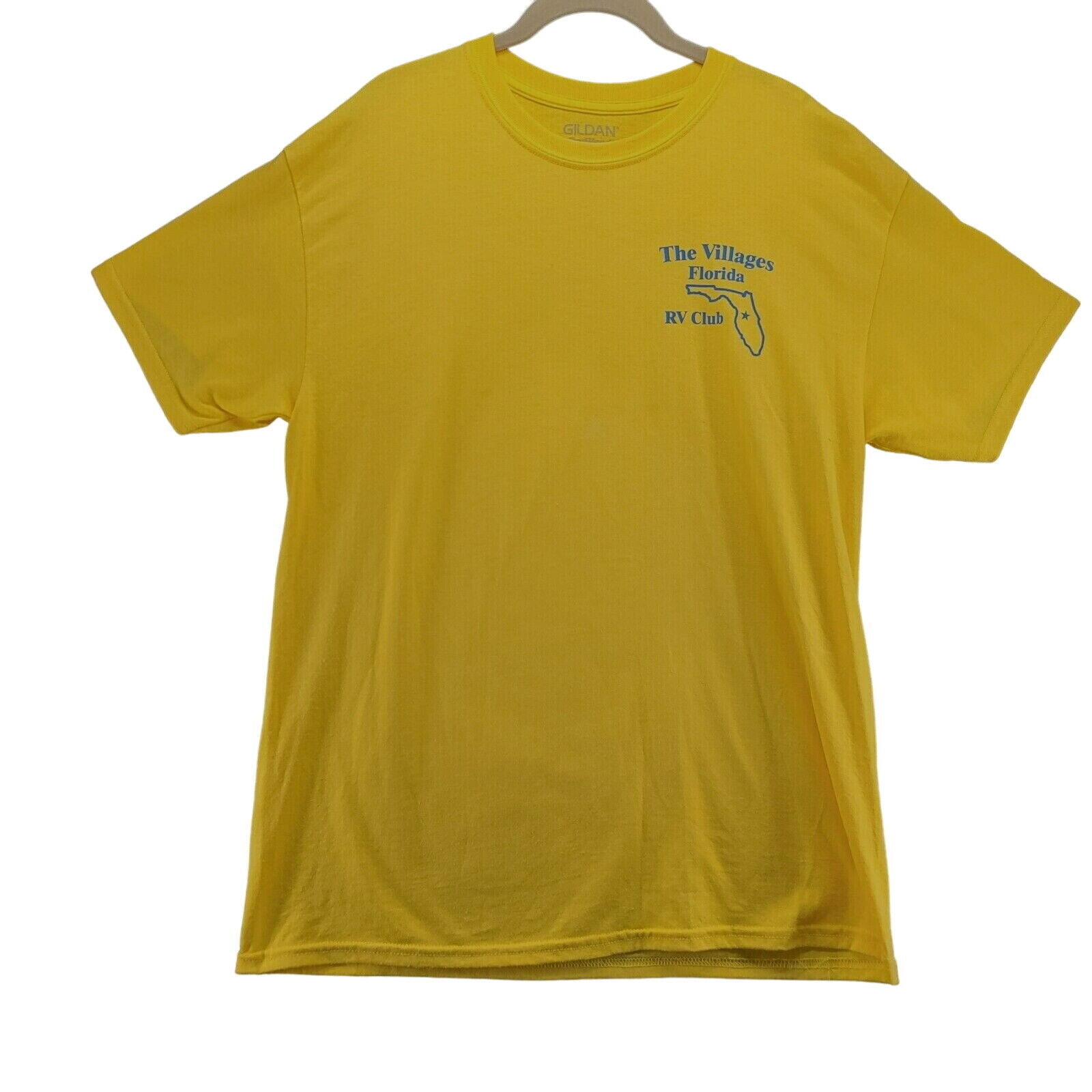 Gildan Mens T-Shirt Yellow Size Large 100% Cotton The Villages Florida Dry Blend