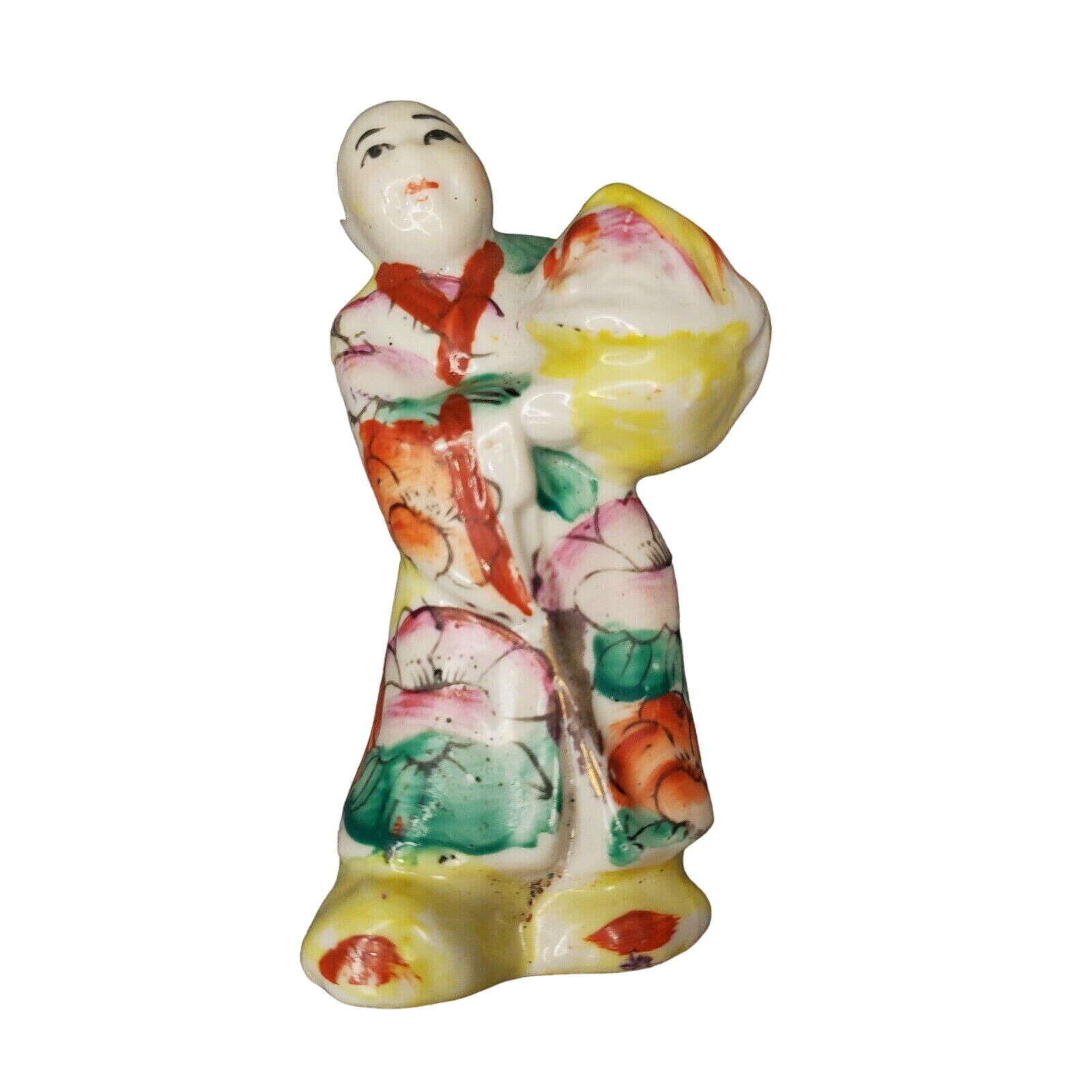 Vintage Porcelain Statue Figurine Chinese Confucius Maiden Black Hair w/ Basket