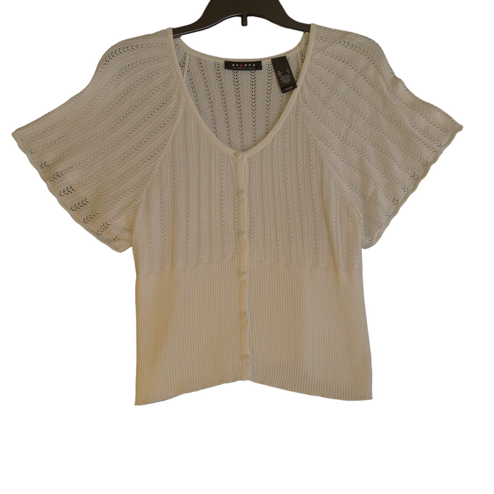 Axcess Womens Sweater Beige Size Small Cotton Blend Button Closure Short Sleeve