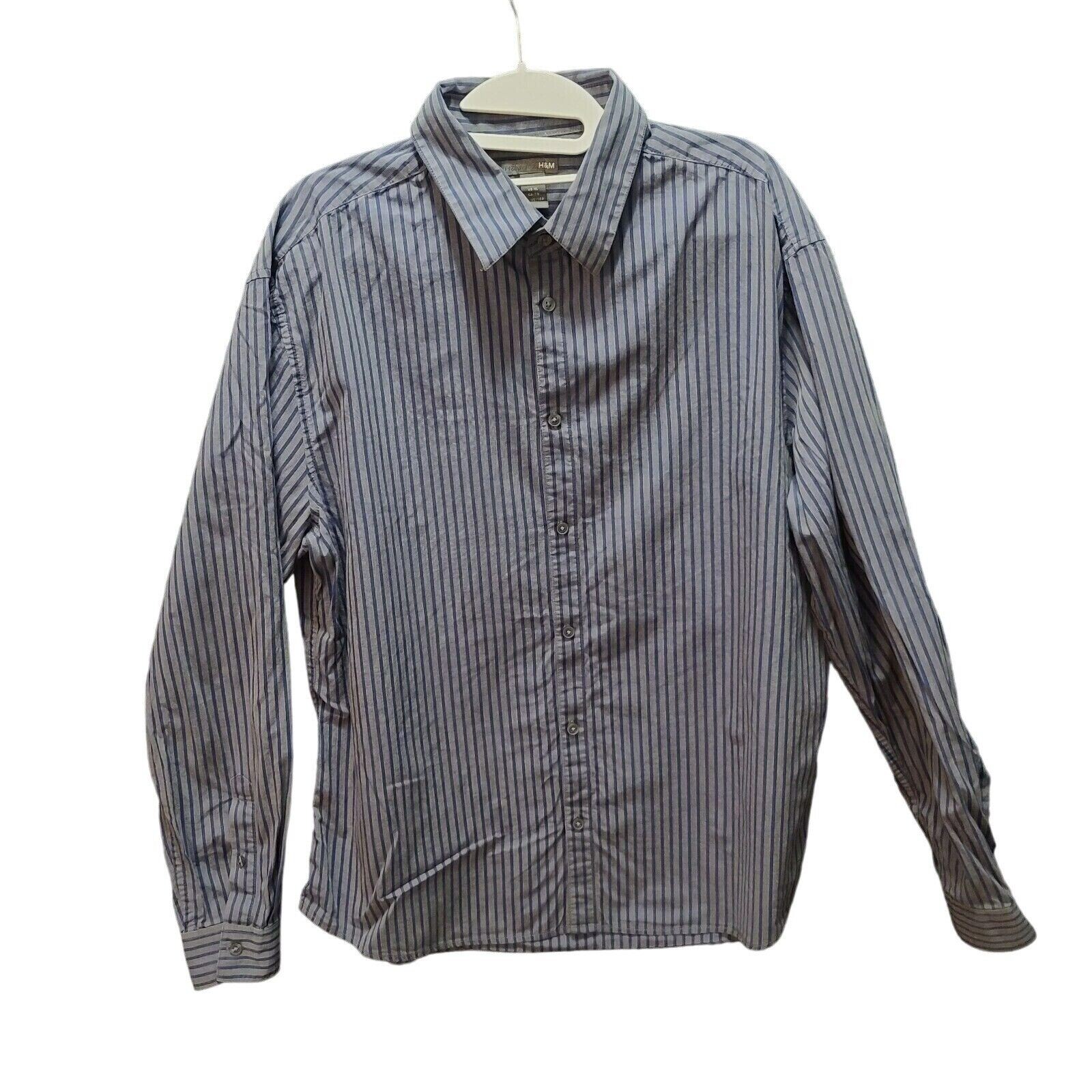 H&M Mens Button Up Shirt Gray/Blue Size XL 100% Cotton Long Sleeve Collar