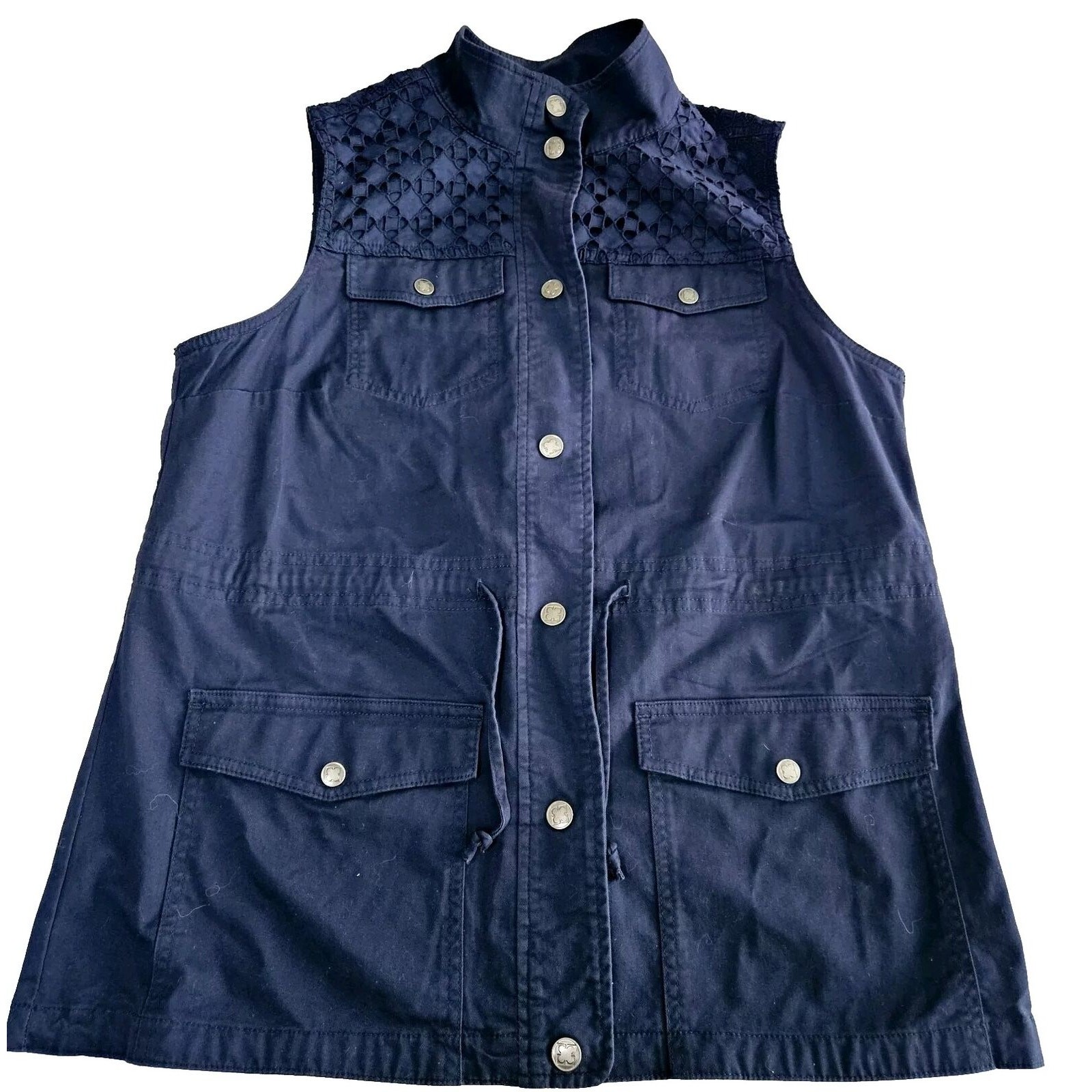 Liz Claiborne Womens Vest Blue Size 12 Cotton Blend Stretch Pockets Buttons
