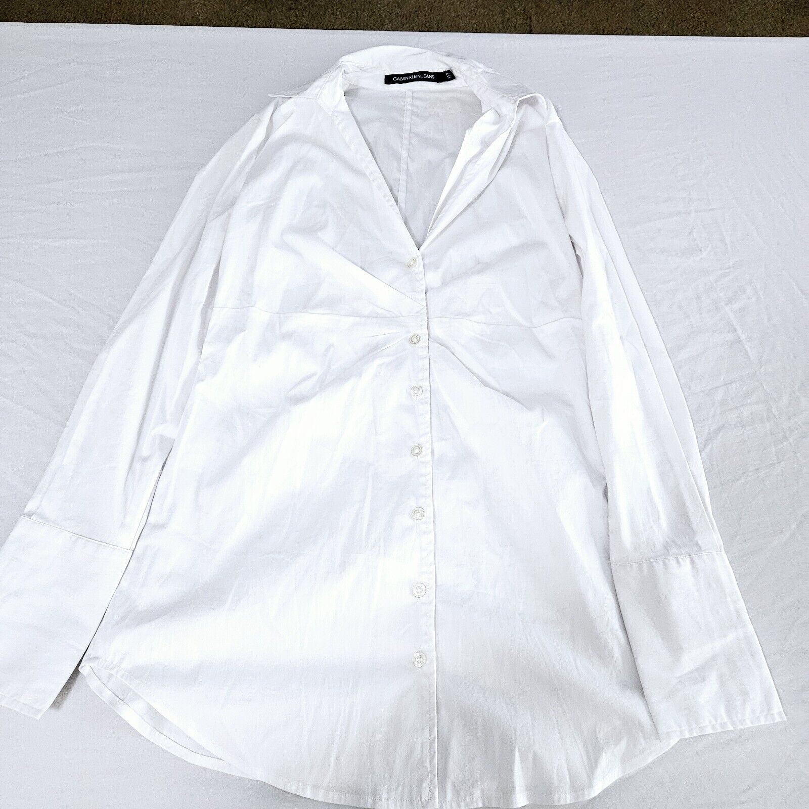 Calvin Klien Jeans Womens Button Up Blouse White Size SP Cotton Blend Collar