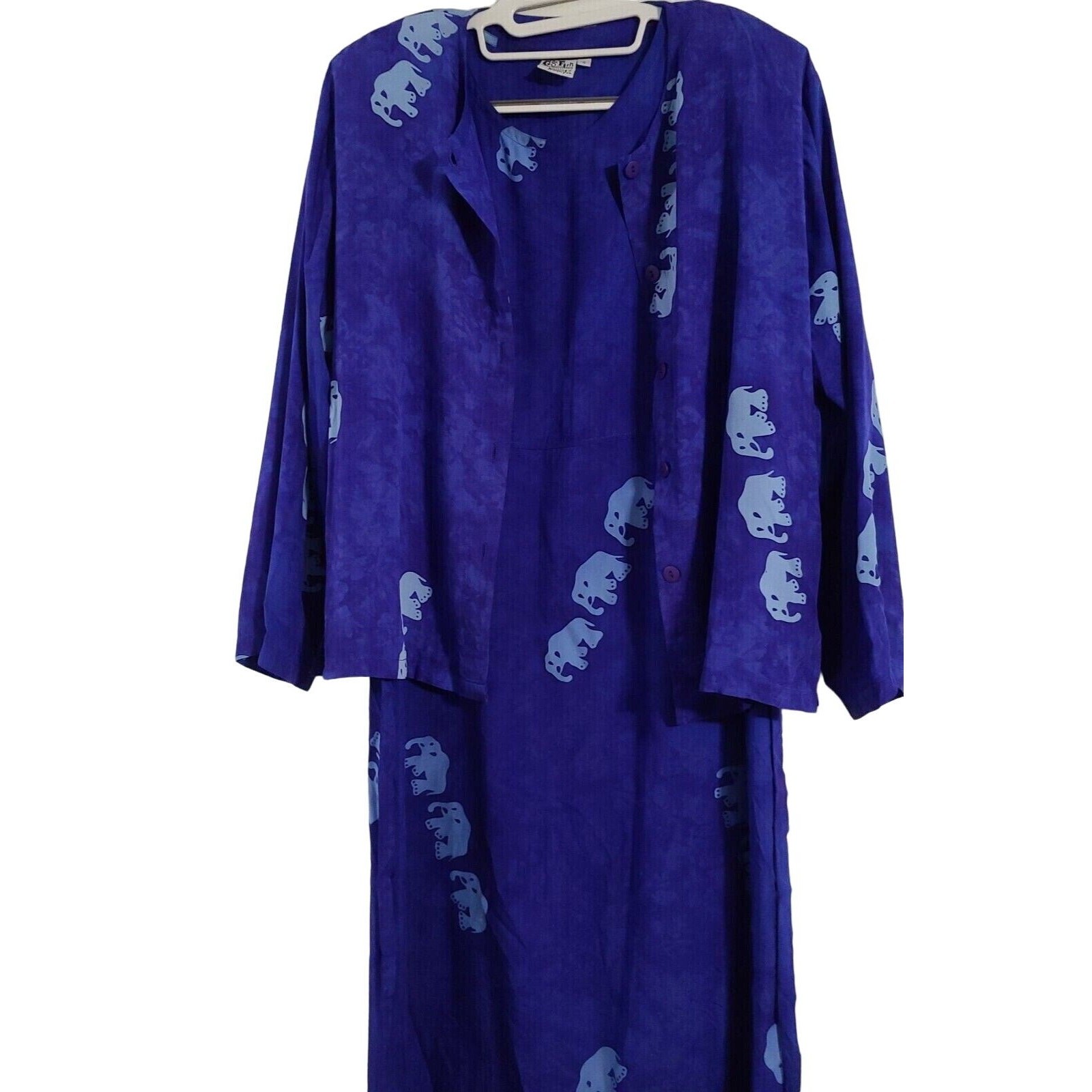 Go Fish Womens Two Piece Jacket Dress Blue Size Small Elephants Long Sleeve 49″L