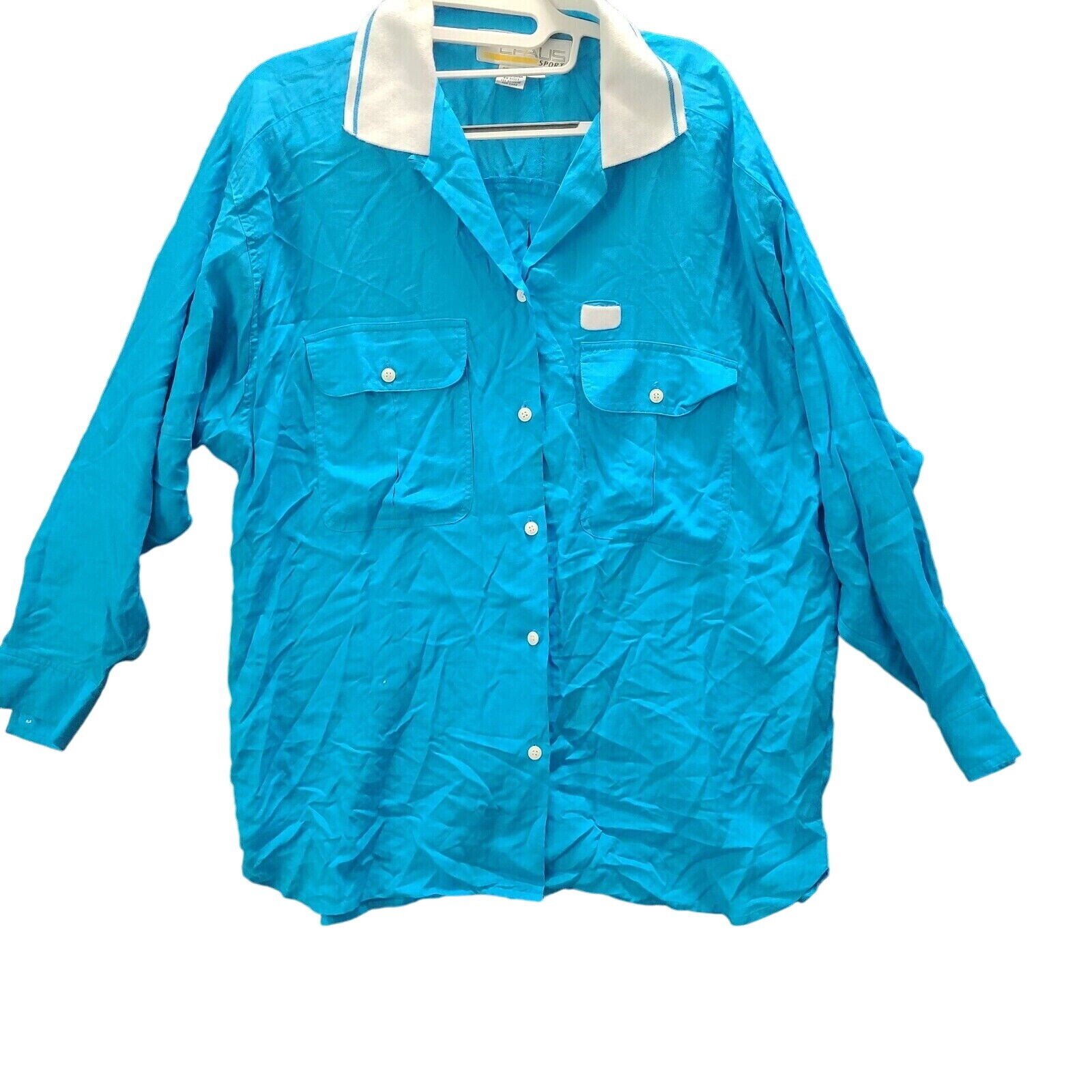 Chaus Sport Womens Button Up Shirt Blue Medium Rayon Blend Long Roll Tab Sleeve