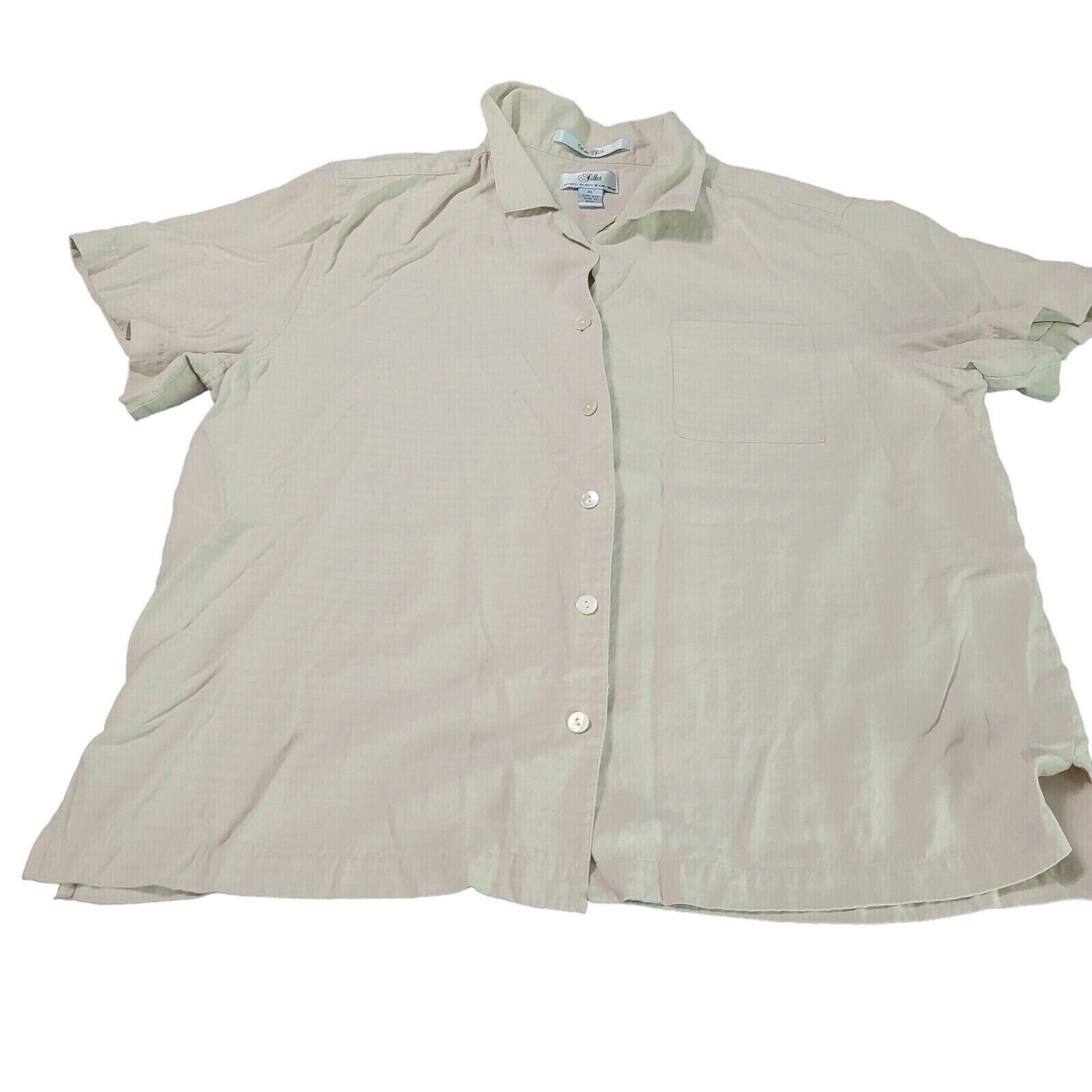 Bill Blass Mens Button Up Shirt Size XL Beige 100% Silk Short Sleeve Collar