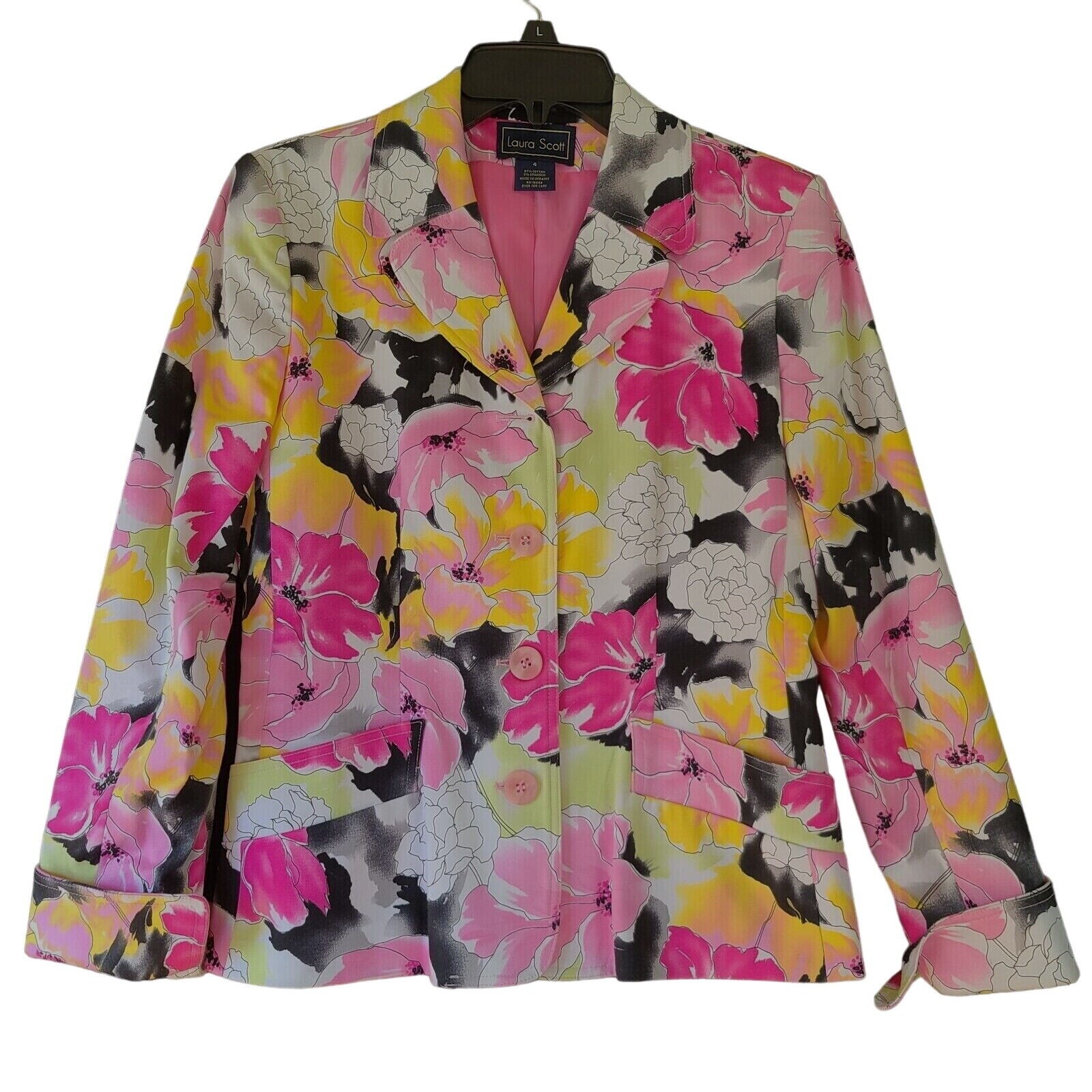 Laura Scott Womens Blazer Multi-Color Size 4 Cotton Blend Stretch Buttopn Up