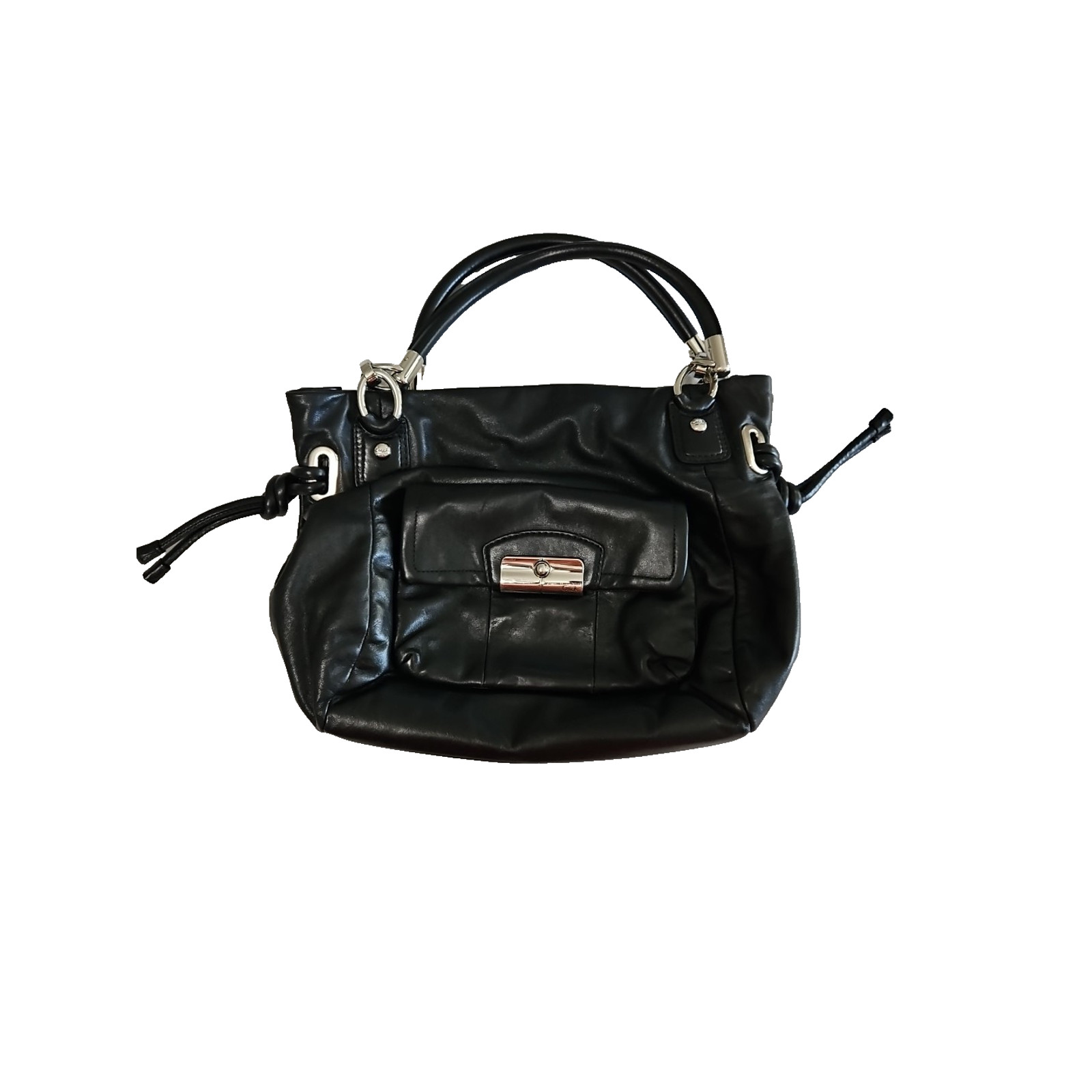 Handbag Black Leather Snap Close Pocket Pink Interior Some Spots Inside