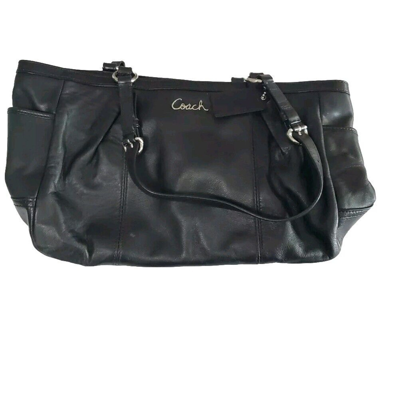 Handbag Black Leather Zipper Pockets Some Stains On Lining Please See Pics