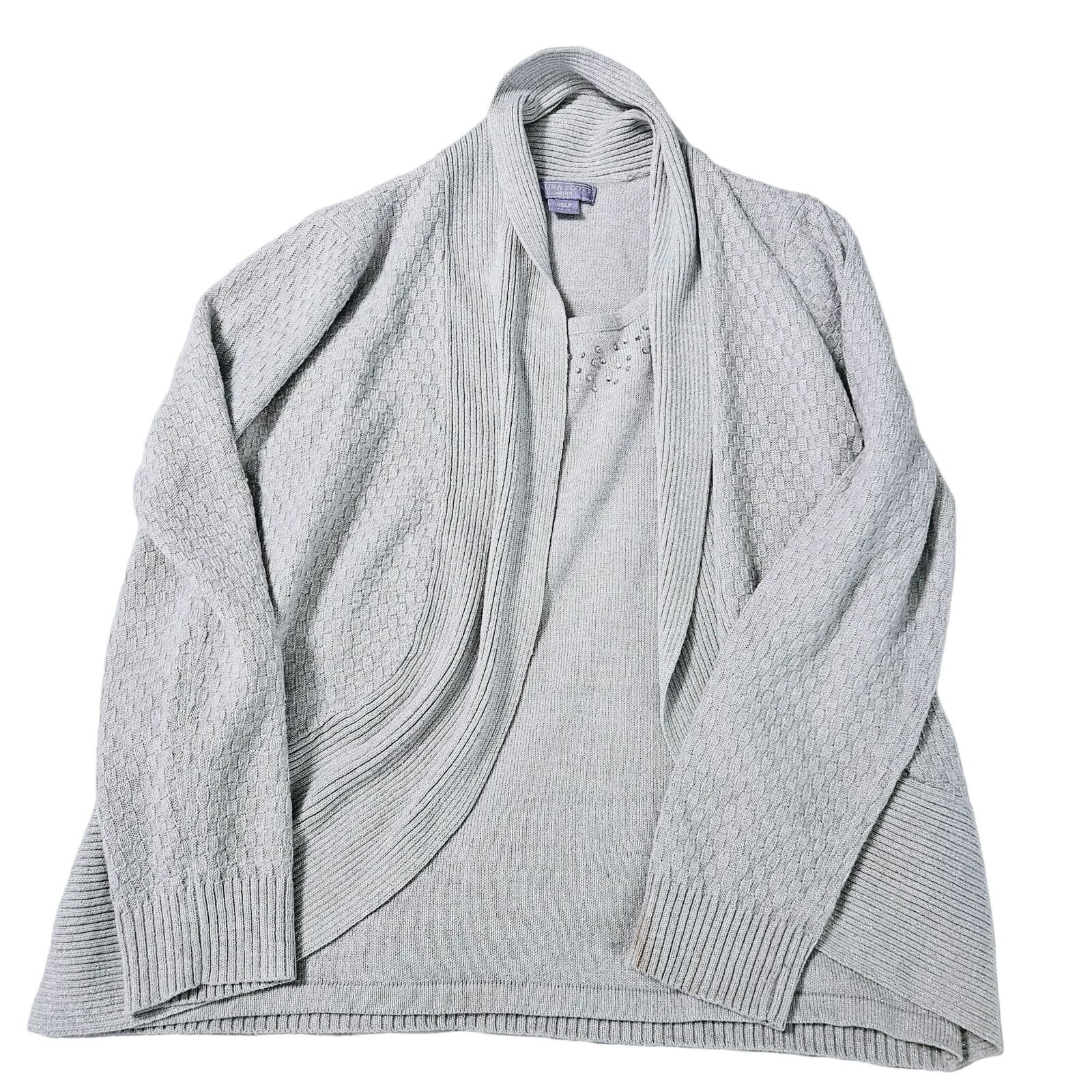 Laura Scott Womens Layered Sweater Silver Size PM Acrylic Blend Long Sleeve Open